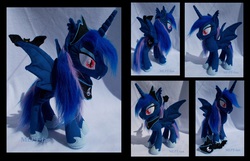 Size: 5208x3352 | Tagged: safe, artist:calusariac, princess luna, bat pony, pony, g4, fangs, irl, lunabat, photo, plushie, race swap, red eyes, solo, spread wings