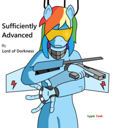 Size: 842x950 | Tagged: safe, artist:appletank, rainbow dash, cyborg, human, pony, fanfic:sufficiently advanced, g4, 1000 hours in ms paint, augmented, badass, bipedal, cover art, female, gun, handgun, ms paint, phylactery, rainbot dash, signature, simple background, solo, text, transparent background