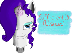 Size: 1024x737 | Tagged: safe, artist:appletank, rarity, cyborg, human, fanfic:sufficiently advanced, g4, augmented, badass, cover art, disembodied head, fanfic art, female, glowing horn, hair over one eye, horn, looking at you, modular, phylactery, smiling, solo