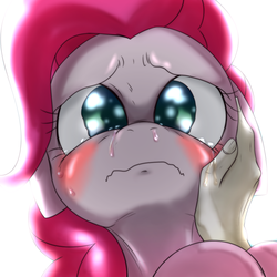 Size: 1000x1000 | Tagged: dead source, safe, artist:ushiro no kukan, pinkie pie, human, pony, g4, comforting, crying, feels, hand, offscreen character, perspective, pov