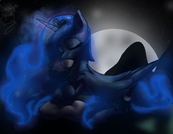 Size: 1024x791 | Tagged: safe, artist:designspry, princess luna, g4, female, magic, moon, night, prone, solo, teacup, telekinesis