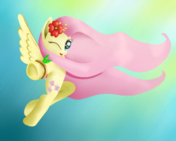 Size: 2500x2000 | Tagged: safe, artist:tuffylive, fluttershy, g4, female, flower in hair, flying, high res, solo, underhoof, windswept mane, wink