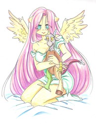 Size: 1598x2057 | Tagged: safe, artist:kyotoxart, discord, fluttershy, anthro, plantigrade anthro, g4, blushing, breasts, cleavage, clothes, female, implied shipping, plushie, simple background, socks, solo, spread wings, traditional art, white background