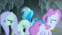 Size: 768x434 | Tagged: safe, screencap, fluttershy, pinkie pie, rainbow dash, g4, the cutie map, lidded eyes