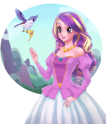 Size: 1024x1199 | Tagged: safe, artist:littleruekitty, princess cadance, bird, human, g4, crown, cute, cutedance, disney princess, female, humanized, jewelry, puffy sleeves, regalia, smiling, solo