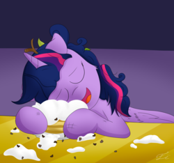 Size: 1600x1500 | Tagged: safe, artist:fluttair, twilight sparkle, alicorn, pony, castle sweet castle, g4, cargo ship, eyes closed, female, i'm pancake, mare, open mouth, pancakes, sleeping, solo, twilight sparkle (alicorn)