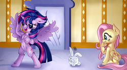 Size: 3000x1662 | Tagged: safe, artist:discorded, angel bunny, fluttershy, twilight sparkle, pony, semi-anthro, castle sweet castle, g4, alternate hairstyle, angry, armpits, belly button, bipedal, floppy ears, fluffy, fluffy angel, gritted teeth, open mouth, punklight sparkle, scrunchy face, smiling, spread wings, twilight sparkle (alicorn)