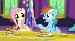 Size: 1279x713 | Tagged: safe, screencap, fluttershy, rainbow dash, castle sweet castle, g4, meme, youtube caption