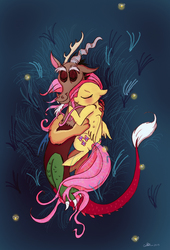 Size: 800x1174 | Tagged: safe, artist:praysforaprankster, discord, fluttershy, draconequus, firefly (insect), pegasus, pony, g4, cuddling, duo, fanfic art, female, male, night, on back, on top, ship:discoshy, shipping, sleeping, snuggling, straight