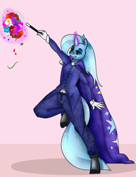 Size: 1280x1659 | Tagged: safe, artist:blah-blah-turner, trixie, anthro, g4, commission, female, flower, solo, wand