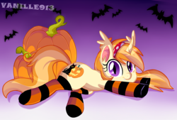 Size: 1280x866 | Tagged: safe, artist:spookyle, oc, oc only, oc:pumpkin patch, bat pony, bat pony unicorn, pony, bat pony oc, black cat, clothes, jack-o-lantern, pumpkin, socks, solo, striped socks