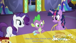 Size: 1281x715 | Tagged: safe, screencap, rarity, spike, twilight sparkle, alicorn, pony, castle sweet castle, g4, female, mare, meme, twilight sparkle (alicorn), youtube caption