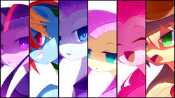 Size: 1920x1080 | Tagged: safe, artist:cyanaeolin, applejack, fluttershy, pinkie pie, rainbow dash, rarity, twilight sparkle, earth pony, pegasus, pony, unicorn, g4, blushing, bust, disgaea, eyes closed, female, gritted teeth, looking at you, mane six, no nose, no pupils, open mouth, portrait, sidemouth, smiling, wallpaper