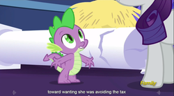 Size: 1281x714 | Tagged: safe, screencap, rarity, spike, castle sweet castle, g4, meme, tax evasion, youtube caption