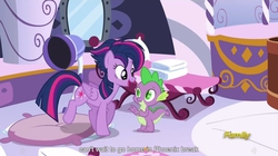 Size: 1279x714 | Tagged: safe, screencap, spike, twilight sparkle, alicorn, pony, castle sweet castle, g4, alternate hairstyle, female, mare, meme, punklight sparkle, twilight sparkle (alicorn), youtube caption