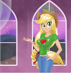 Size: 400x406 | Tagged: safe, artist:kimpossiblelove, applejack, equestria girls, g4, breasts, busty applejack, clothes, female, fynsy, hand on hip, midriff, panties, solo, underwear