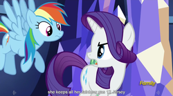 Size: 1280x712 | Tagged: safe, screencap, rainbow dash, rarity, castle sweet castle, g4, meme, youtube caption