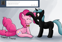 Size: 1280x853 | Tagged: safe, artist:ask-puppy-pie, artist:egstudios93, pinkie pie, oc, oc:whiteheart, g4, ask, behaving like a dog, puppy pie, tumblr