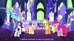 Size: 1281x712 | Tagged: safe, screencap, applejack, fluttershy, pinkie pie, rainbow dash, rarity, castle sweet castle, g4, meme, youtube caption