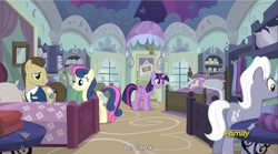 Size: 1280x714 | Tagged: safe, screencap, bon bon, davenport, royal riff, spike, sweetie drops, twilight sparkle, alicorn, dragon, earth pony, pony, castle sweet castle, g4, bed, female, male, mare, meme, quills and sofas, shrek, stallion, twilight sparkle (alicorn), youtube caption