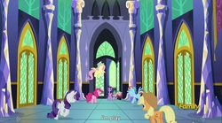 Size: 1280x713 | Tagged: safe, screencap, applejack, fluttershy, pinkie pie, rainbow dash, rarity, spike, twilight sparkle, alicorn, pony, castle sweet castle, g4, female, mane seven, mane six, mare, meme, twilight sparkle (alicorn), youtube caption