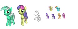 Size: 1305x488 | Tagged: safe, applejack, bon bon, fluttershy, lyra heartstrings, pinkie pie, rainbow dash, rarity, sweetie drops, twilight sparkle, oc, oc:anonymous, alicorn, pony, g4, 3d, female, mane six, mare, pinkamena diane pie, solid sparkle, twilight sparkle (alicorn), wet mane