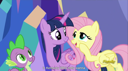 Size: 1280x714 | Tagged: safe, screencap, fluttershy, spike, twilight sparkle, alicorn, pony, castle sweet castle, g4, barbeque, female, food, kentucky, mare, meme, twilight sparkle (alicorn), youtube caption