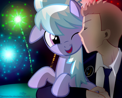 Size: 1024x819 | Tagged: safe, artist:ponyecho, cloudchaser, oc, oc:anon, human, pegasus, pony, g4, clothes, cute, cutechaser, eyes closed, female, fireworks, human male, human on pony action, interspecies, kissing, male, mare, one eye closed, open mouth, show accurate, straight