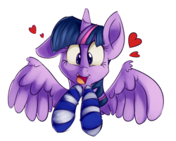 Size: 1971x1576 | Tagged: safe, artist:impcjcaesar, twilight sparkle, alicorn, pony, g4, clothes, female, heart, looking at you, mare, open mouth, simple background, smiling, socks, solo, spread wings, striped socks, transparent background, twilight sparkle (alicorn)