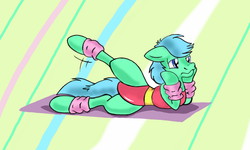 Size: 1600x960 | Tagged: safe, artist:naivintage, oc, oc only, oc:spearmint, pony, 80s, aerobics, back twist, crossdressing, exercise, leg warmers, leotard, male, sissy, solo, trap, workout