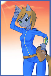Size: 730x1095 | Tagged: safe, artist:drantyno, oc, oc only, oc:littlepip, anthro, fallout equestria, bag, clothes, fanfic, fanfic art, female, horn, jumpsuit, open mouth, pipbuck, solo, sun, sweat, teeth, vault suit