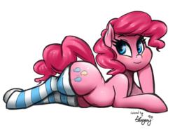Size: 800x600 | Tagged: safe, artist:php7, artist:phurie edits, edit, pinkie pie, earth pony, pony, g4, adorasexy, belly button, clothes, cute, diapinkes, draw me like one of your french girls, female, lying down, pinup, prone, sexy, simple background, socks, solo, striped socks, transparent background