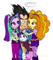 Size: 1286x1460 | Tagged: safe, artist:yukushi1412, adagio dazzle, aria blaze, sonata dusk, equestria girls, g4, my little pony equestria girls: rainbow rocks, adageta, bedroom eyes, blushing, crossover, crossover shipping, dragon ball, dragon ball z, grin, group hug, heart, hug, lucky bastard, open mouth, shocked, smiling, the dazzlings, vegeta, wide eyes, wtf