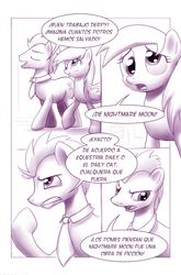 Size: 900x1362 | Tagged: safe, artist:moonlitbrush, derpy hooves, doctor whooves, time turner, earth pony, pegasus, pony, comic:unintentionally spreading happiness, g4, comic, cute, derpabetes, female, fourth wall, male, mare, monochrome, spanish, stallion, tenth doctor, translation, translator:the-luna-fan