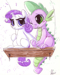 Size: 780x970 | Tagged: safe, artist:prettypinkpony, rarity, spike, pony, unicorn, g4, discussion in the comments, duo, female, filly, long eyelashes, male, ship:sparity, shipping, straight, swing