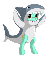 Size: 1333x1567 | Tagged: safe, artist:redquoz, lyra heartstrings, pony, shark, unicorn, g4, bipedal, clothes, costume, cutie mark, female, lyra sharkstrings, lyre, mare, musical instrument, open mouth, rubber, simple background, solo, transparent background