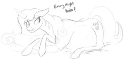 Size: 4681x2317 | Tagged: safe, artist:patch, fleur-de-lis, pony, unicorn, g4, annoyed, bed mane, belly, female, fleurtility, kicking, mare, monochrome, on side, pillow, pregnant, sketch, solo, tired