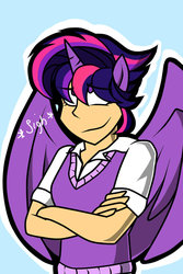 Size: 900x1350 | Tagged: safe, artist:makidotsukashi, twilight sparkle, human, castle sweet castle, g4, alternate hairstyle, eared humanization, female, haircut, horn, horned humanization, humanized, punklight sparkle, solo, twilight sparkle (alicorn), winged humanization