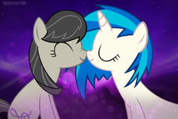 Size: 900x600 | Tagged: safe, artist:shinodage, dj pon-3, octavia melody, vinyl scratch, pony, g4, cute, female, lesbian, nose rub, nose wrinkle, nuzzling, ship:scratchtavia, shipping