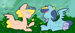 Size: 1143x513 | Tagged: safe, artist:darabirb, oc, oc only, oc:feather paint, oc:palette, pegasus, pony, family, floral head wreath, flower in hair, friendshipping