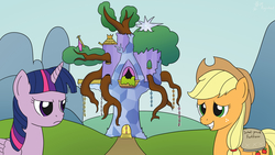 Size: 3840x2160 | Tagged: safe, artist:mkogwheel, applejack, twilight sparkle, alicorn, earth pony, pony, castle sweet castle, g4, my little pony: friendship is magic, annoyed, assimilation, earth pony magic, female, fertilizer, frown, glare, golden oaks chandelier, grin, high res, mare, nervous, nervous smile, smiling, twilight sparkle (alicorn), twilight's castle