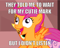 Size: 900x715 | Tagged: safe, applejack, scootaloo, g4, derp, exploitable meme, i didn't listen, image macro, meme