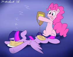 Size: 2293x1802 | Tagged: safe, artist:strebiskunk, pinkie pie, twilight sparkle, alicorn, pony, castle sweet castle, g4, :p, duo, female, floppy ears, food, foodplay, i'm pancake, mare, pancakes, prone, sleeping, smiling, spread wings, syrup, tongue out, twilight sparkle (alicorn), zzz