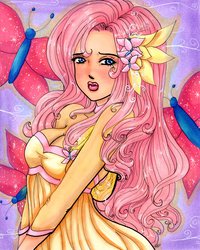 Size: 4743x5920 | Tagged: safe, artist:sir-frog, fluttershy, human, g4, absurd resolution, cleavage, clothes, dress, female, humanized, solo, traditional art
