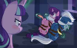 Size: 1280x800 | Tagged: safe, artist:radiantrealm, night glider, starlight glimmer, sugar belle, g4, the cutie map, blushing, bondage, bound wings, cloth gag, feather, female, gag, hooves, rope, rope bondage, show accurate, tickle torture, tickling, tied up, underhoof