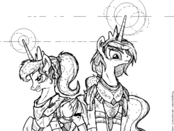 Size: 800x600 | Tagged: safe, artist:fongsaunder, princess celestia, princess luna, g4, armor, monochrome