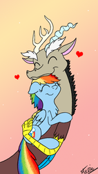 Size: 704x1238 | Tagged: safe, artist:vigilantefreak, discord, rainbow dash, g4, female, hug, male, ship:discodash, shipping, straight