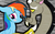 Size: 540x340 | Tagged: safe, artist:velocityofthenight, discord, rainbow dash, draconequus, pegasus, pony, g4, abstract background, blushing, duo, duo male and female, female, floppy ears, folded wings, looking at someone, looking away, male, mare, ship:discodash, shipping, smiling, straight, wings