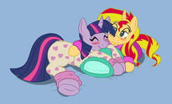 Size: 918x558 | Tagged: safe, artist:caroo, sunset shimmer, twilight sparkle, pony, unicorn, g4, clothes, cuddling, cute, female, lesbian, pajamas, ship:sunsetsparkle, shipping, simple background, snuggling, underhoof