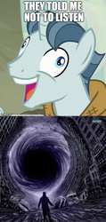 Size: 1024x2144 | Tagged: safe, party favor, pony, unicorn, g4, my little pony: friendship is magic, the cutie map, accretion disk, black hole, caption, divide by zero, exploitable meme, gravitational lensing, i didn't listen, image macro, male, meme, paradox, recursion, stallion